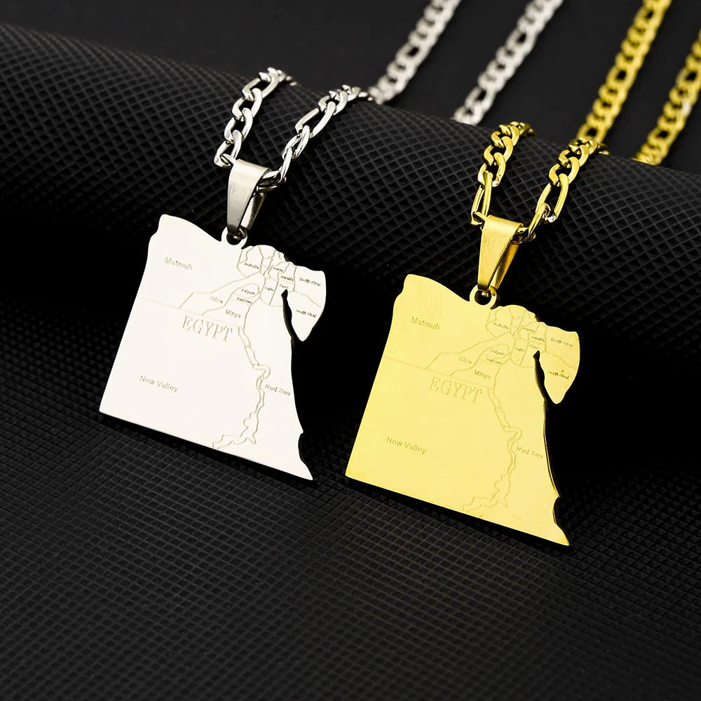 Stainless Steel Egypt Map Charm Cuban Chain Necklace 18K Gold Plated Egyptian Flag Map Pendant Cuba Link Chain Necklace