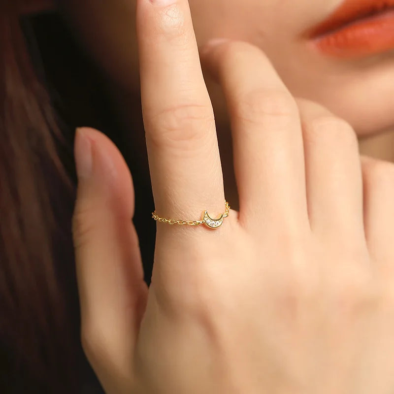 New Design Chain Adjustable Beads Finger Silver Rings Cubic Zircon Moon Star Chain 925 Sterling Silver Rings for Women