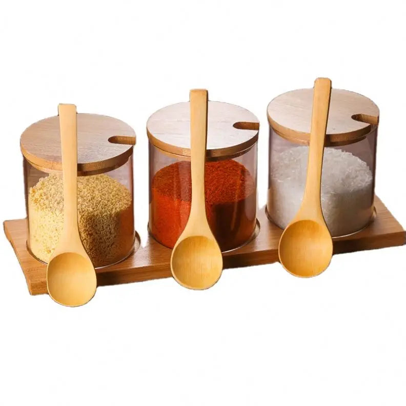 Wholesale Sustainable 300ml Kitchen Round Bamboo Lid Glass Spice Jar Set with Spoons Healthy Material