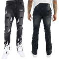 Custom Design Casual Straight Fit Street Wear Regular Retro Washing Slim Fit Distress Rising Flame Print Denim Unisex Jeans