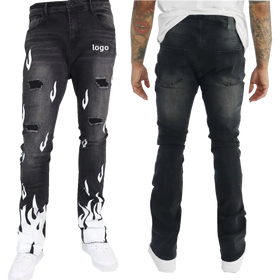 Custom Design Casual Straight Fit Street Wear Regular Retro Washing Slim Fit Distress Rising Flame Print Denim Unisex Jeans