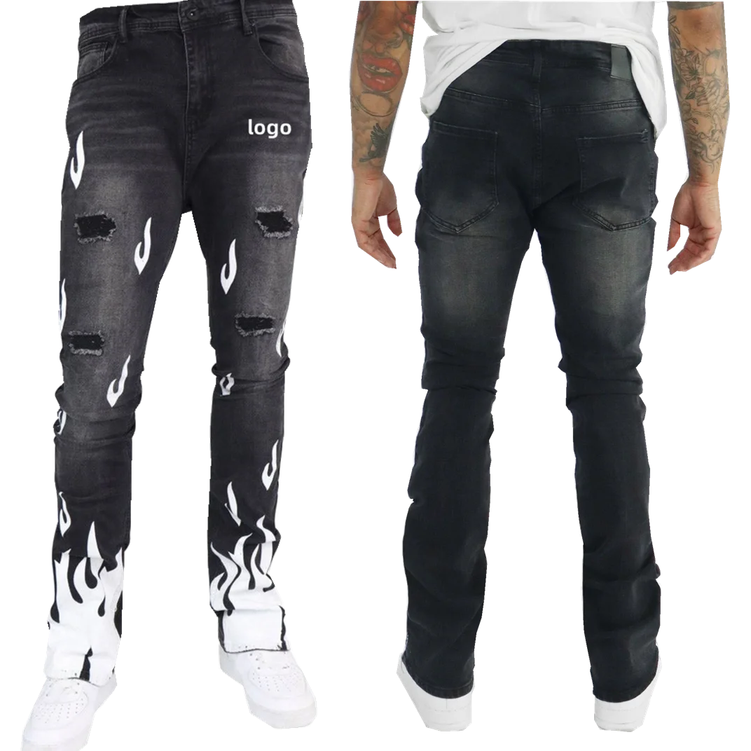 Custom Design Casual Straight Fit Street Wear Regular Retro Washing Slim Fit Distress Rising Flame Print Denim Unisex Jeans