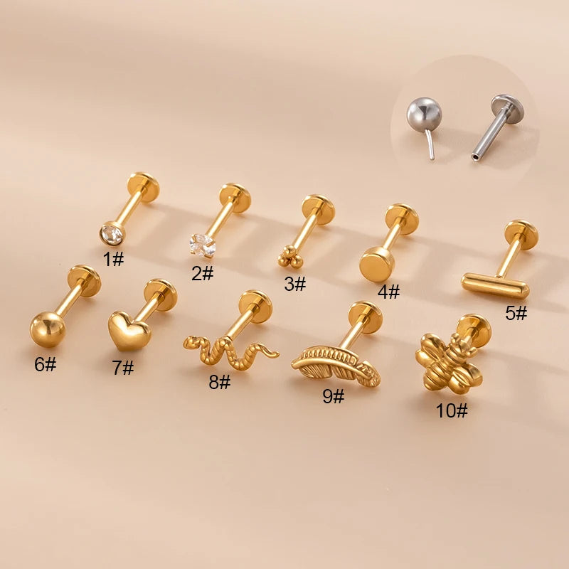 New Design 16g Stainless Steel Heart Leaf Ball Flat Back Internally Insert Lip Piercing Jewelry Labret Stud