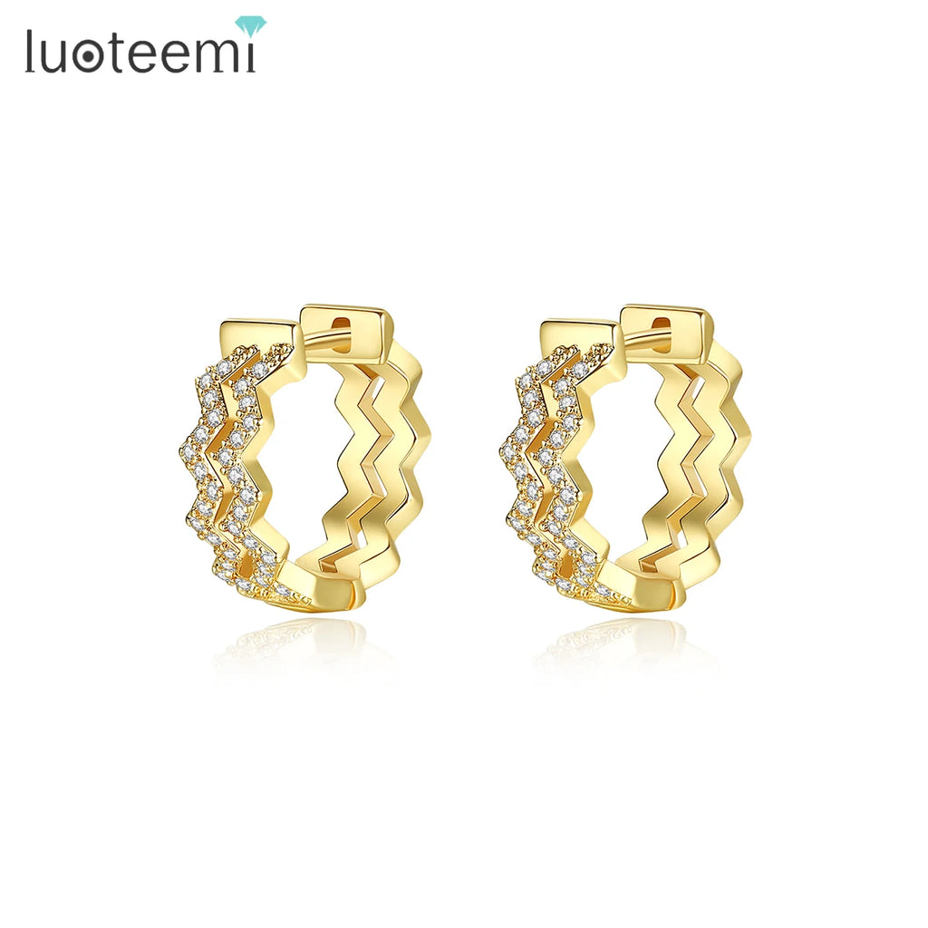 LUOTEEMI Fashion Jewelry Gift Gold Plated Wavy Cubic Zirconia Crystals Huggie Earrings for Women