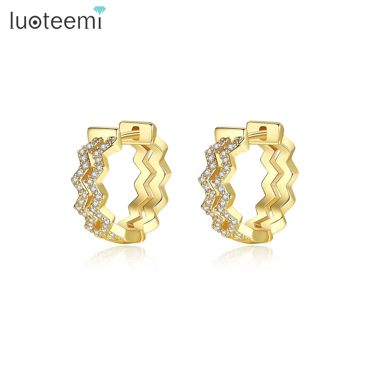 LUOTEEMI Fashion Jewelry Gift Gold Plated Wavy Cubic Zirconia Crystals Huggie Earrings for Women