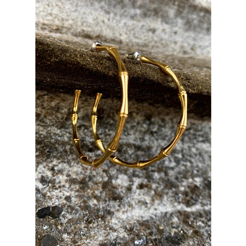 50mm Thin Bamboo Big Hoop Earrings Circle Geometric Gold Plated Earrings for Women Simple Plain Minimalist Fashion Jewelry 2021