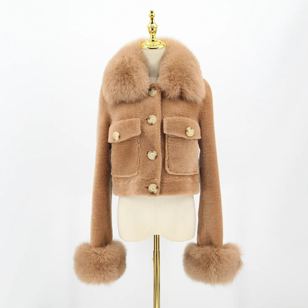 QIUCHEN QC22079-2 Luxury Fashion Women's Cashmere Short Jacket with Real Fox Fur Collar & Cuffs Breathable Woolen Coat