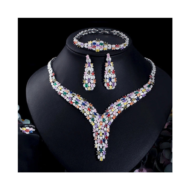 Luxurious White Gold Plated Arab Wedding Jewelry With Color Full Zirconia Necklace Earrings Bracelets Rings Bridal Jewelry Sets