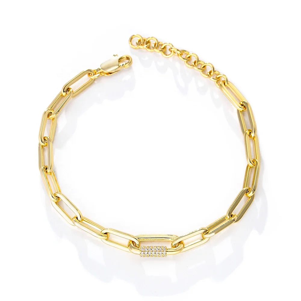 Hip Hop Minimalist Paper Clips Psj Brass Rhodium 18k Gold Plated Cubic Zirconia Adjustable Chain Link Bracelets for Women Femme