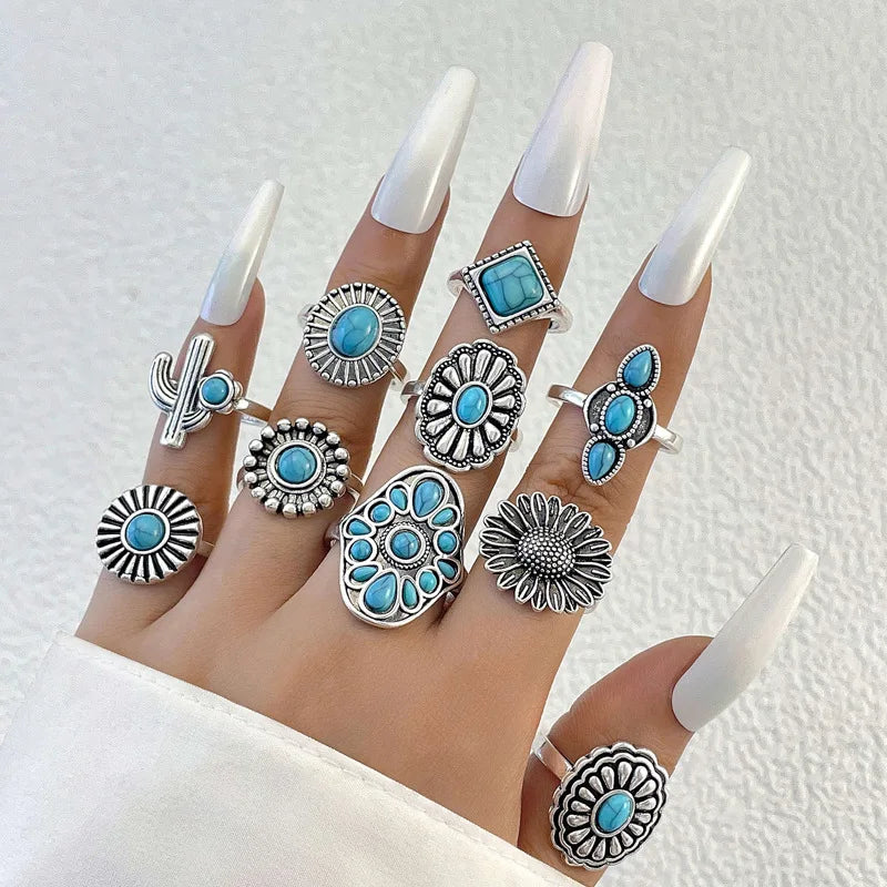 Personality Cactus Sunflower Flower Ring Fashion Combination 10 Pieces Joint Ring Turquoise Finger Ring Set for Women