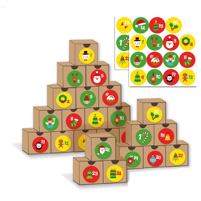 24pcs One Set New Design Christmas Advent Calendar Kraft Paper Box Count Down Gift Box Party Gift Box Supplies