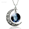 Night of the Full Moon Evil Wolf Luminous Necklace Alloy Glass Cabochon Silver Crescent Pendant Link Chain Jewelry Gift