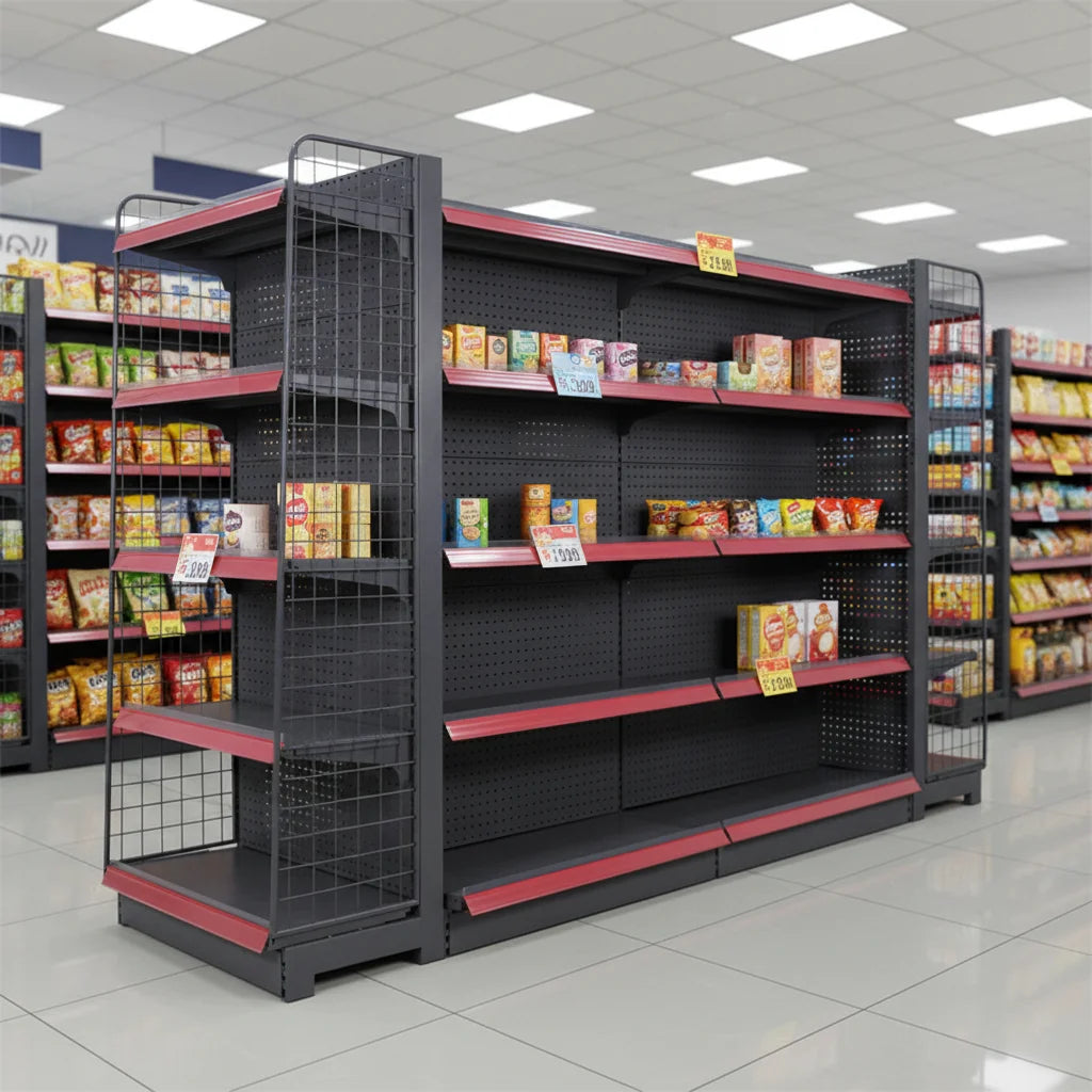 Gray Black Heavy Duty Metallic Supermarket Store Gondola Shelving Single Sided Shelves Hanger