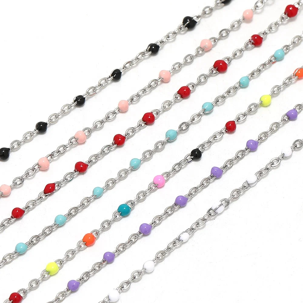 Colorful Enamel Link Cable Steel-Color Flat Chains DIY Necklace Bracelet Component Jewelry Making Accessories