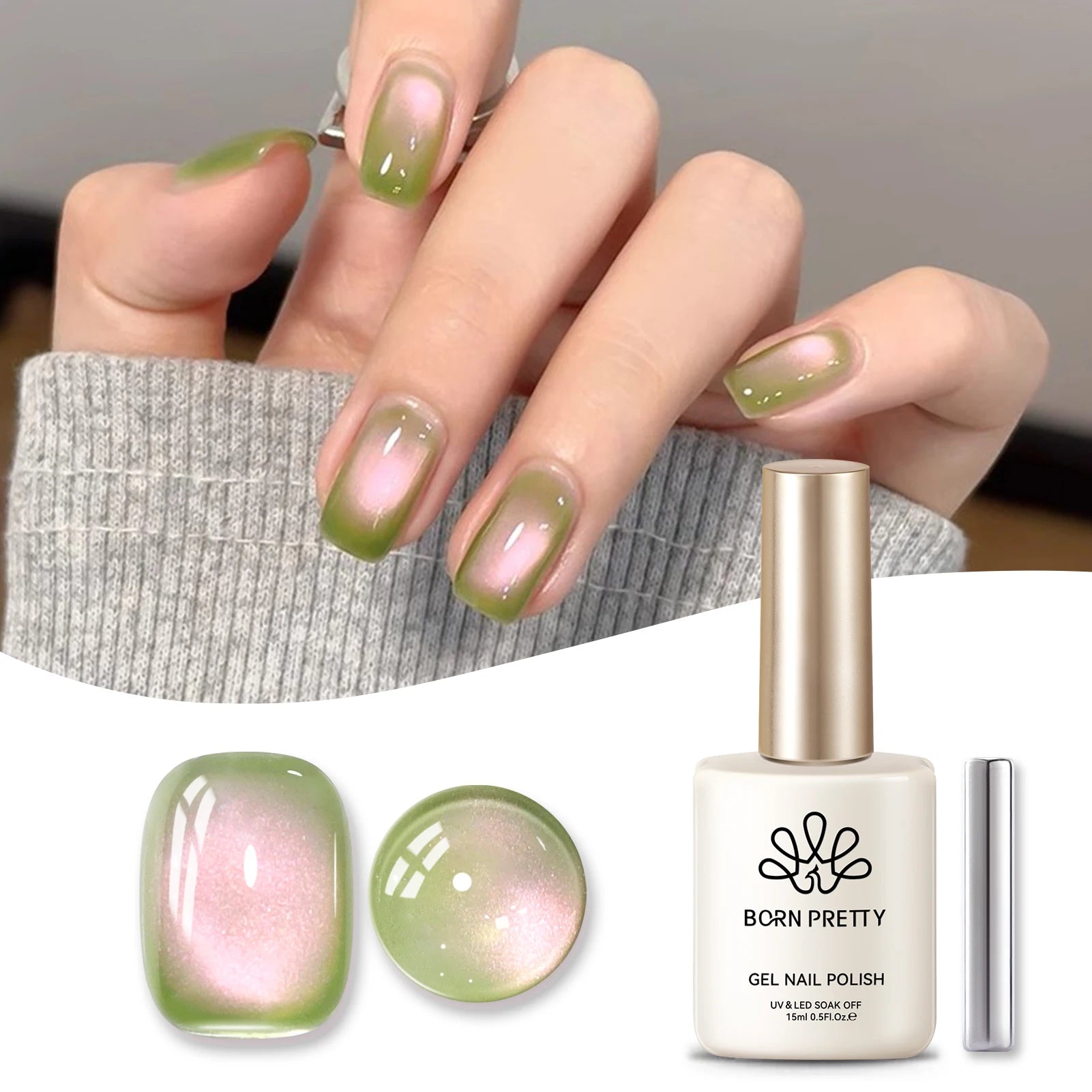 BORN PRETTY 15ml Guava Green Moonlight Cat Magnetic Gel High Shine Semi Permanent Soak Off Cat Eye Gel Polish