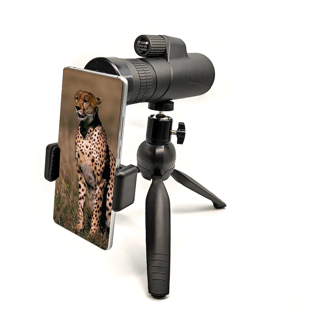 10-30X42 Zoom Monocular Optical Glass Bak 4 Prism HD High Power Low Light Vision for Adults with Tripod & Phone Holder