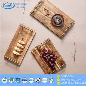 Premium Wooden Serving Tray Rectangular with Gold Metal Handles Large Decorative Wood Tray for Coffee Table Ottoman