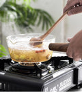 Fashion Style Glass Baking Dish with Wooden Handle Milk Bread Cooking Glass Pan Heat Resistant Kitchen Cooking Glass Pan