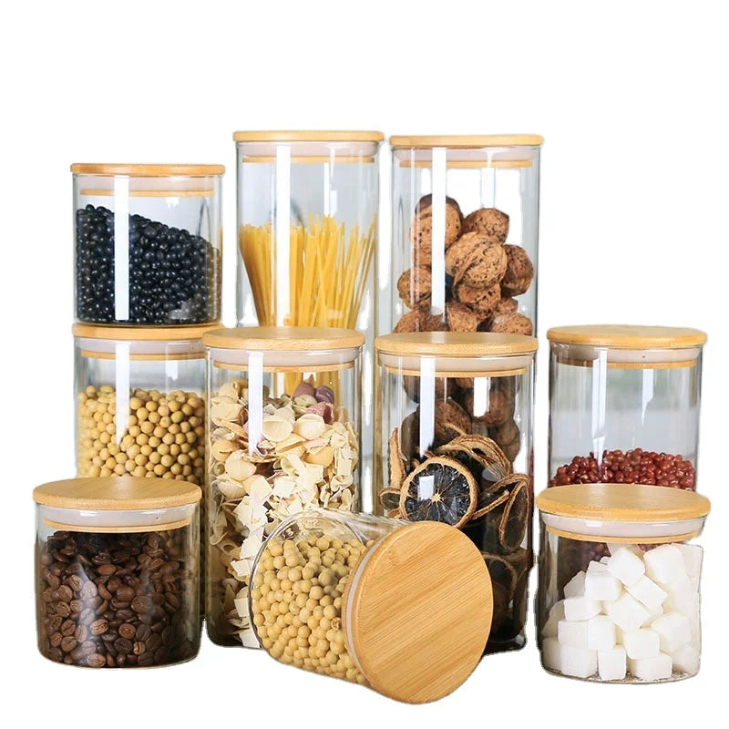 5pcs Set Glass Canister High Borosilicate Glass Food Storage Jar with Bamboo Cover