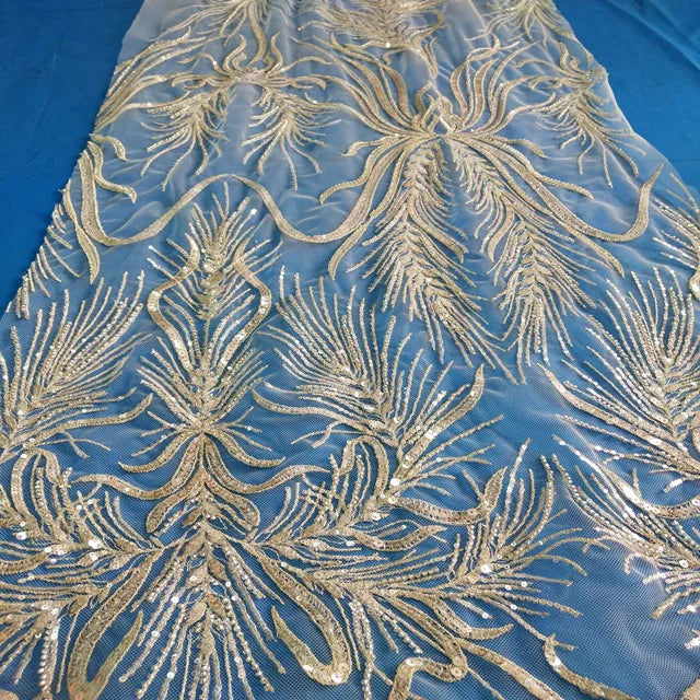Gold 3D Flowers Sequins Lace Fabric African Lace Party Beads Sequins Net Lace for Wedding
