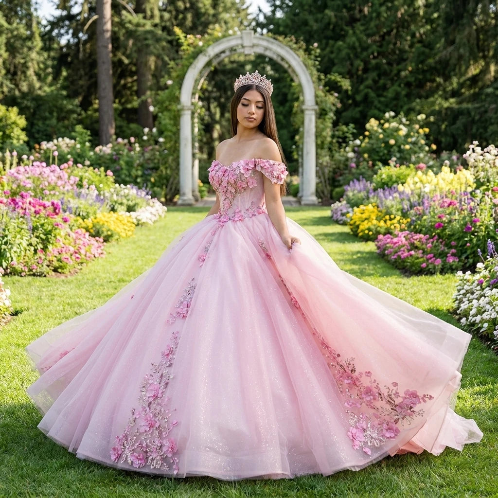 Shiny Elegant Quinceanera Dresses 3D Flowers Tulle Beaded Sweet 15 16 Prom Gowns 5720