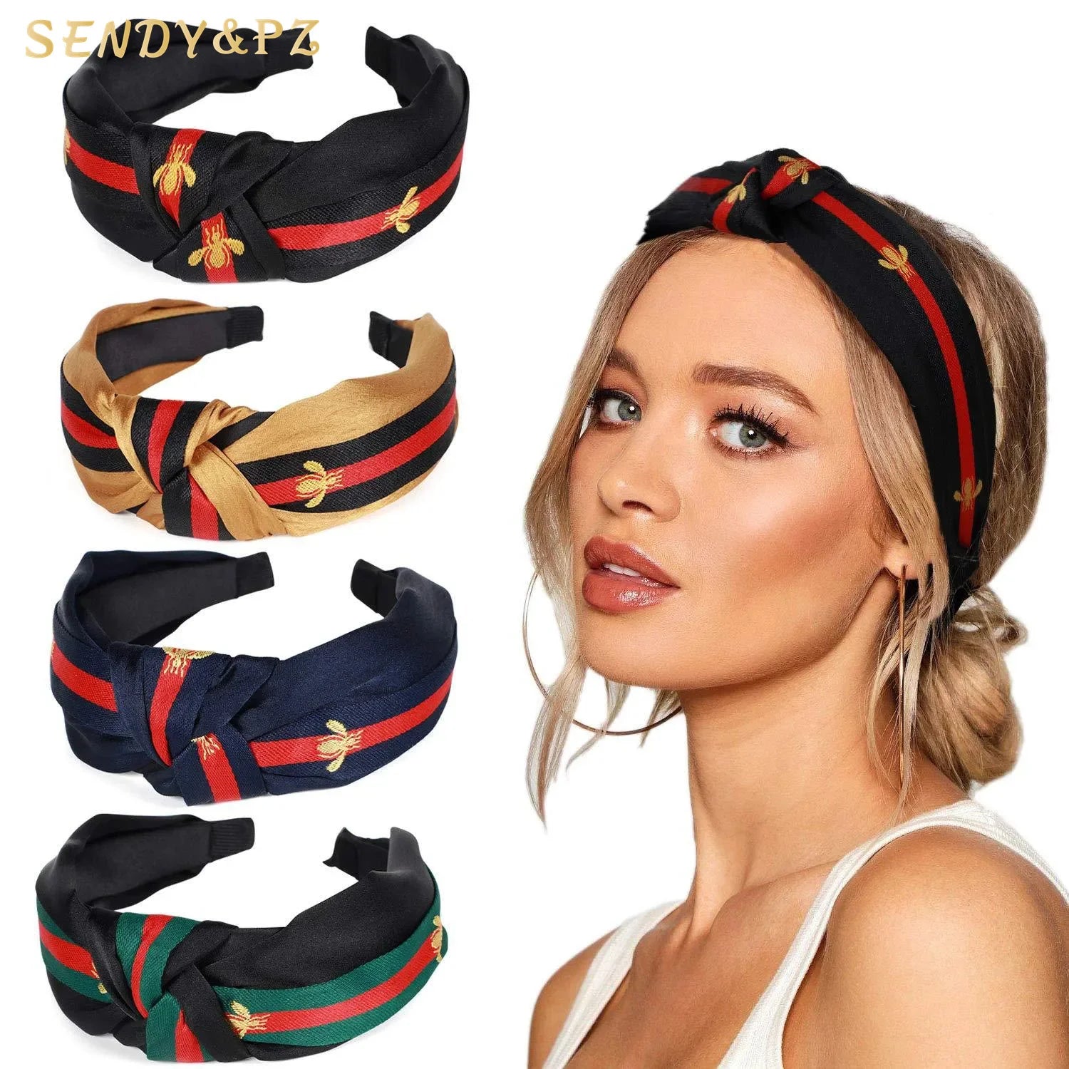Retro Fashionable Wide-edge Knotted Headband with Bee Printing Hair Hoop Knot New Trend Women's Accessory
