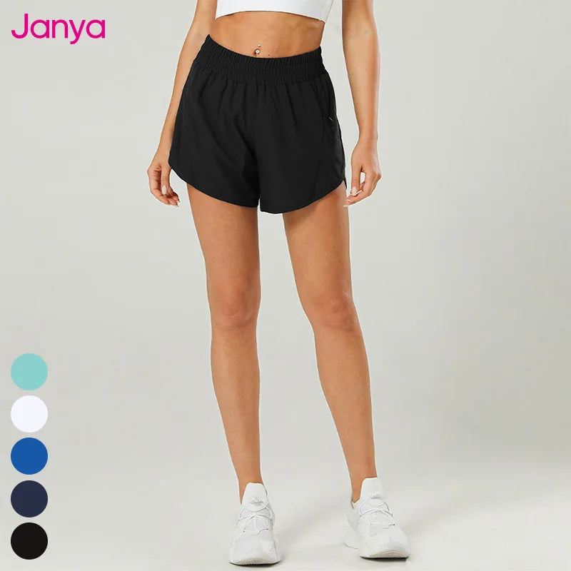 Janya Women's Breathable Anti-exposure Mesh Lined Running Shorts Drawstring Waist With Pockets Quick Dry Fitness Sports Shorts