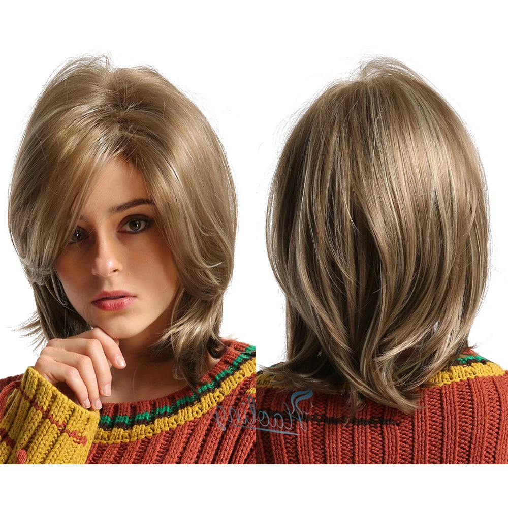 OEM Peruca Loira Short Layered Synthetic Wigs Blonde Hair Wigs with Side Part Bangs Peluca Rubia Pelo Humano Perruque Blonde