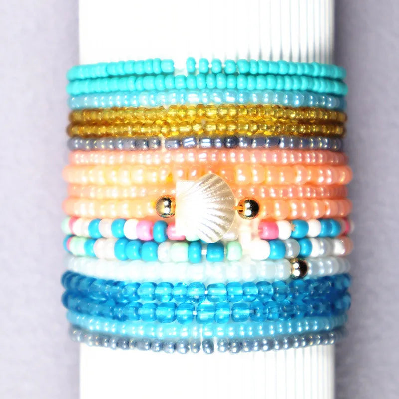 Meetyoo Hand Woven Bohemian Style Colorful Bead Bracelet Multiple Layer Rice Bead Shell Charms Resin Bracelets 17 Pieces Sets