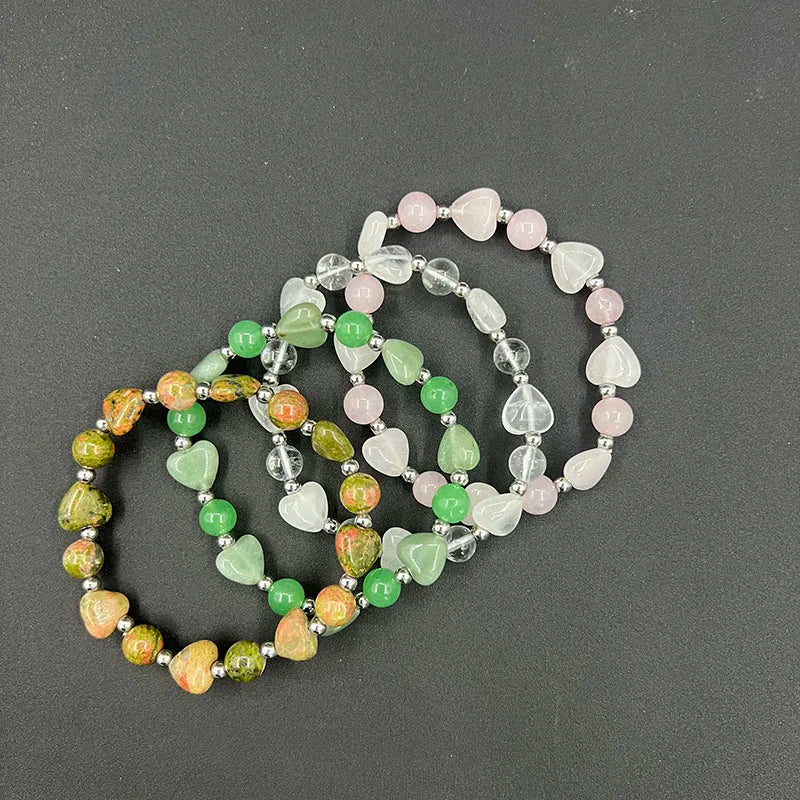 New Style Gemstone Jewelry Crystal Natural Stone Peach Heart 8mm Rose Quartz Green Aventurine Stainless Steel Bead Bracelet