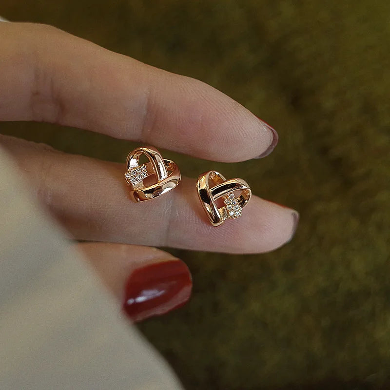 Shiny Vintage Simple 14K Gold Plated Pure 925 Sterling Silver Zircon Heart Shaped Stud Earrings for Women Girls