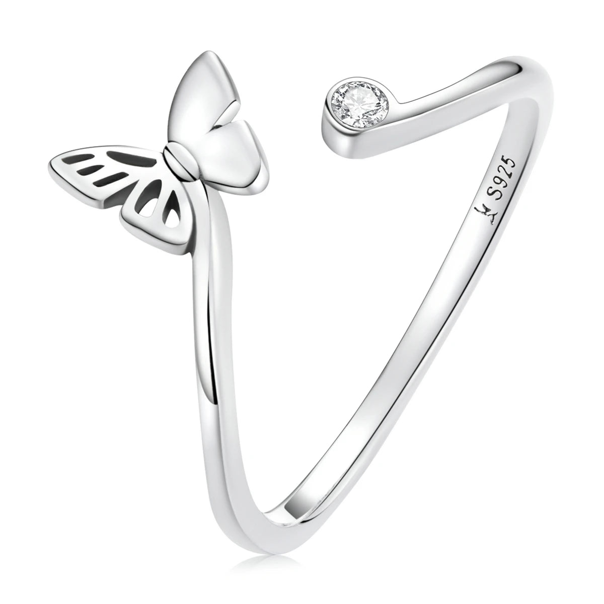 New Arrival 925 Sterling Silver Cubic Zirconia Butterfly Open Adjustable Ring Women Jewelry