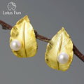 Lotus Fun Handmade Vintage Fresh Water Pearl 18K Gold Plated  925 Sterling Silver Leaf Shape Earrings for Women Luxury Jewelry