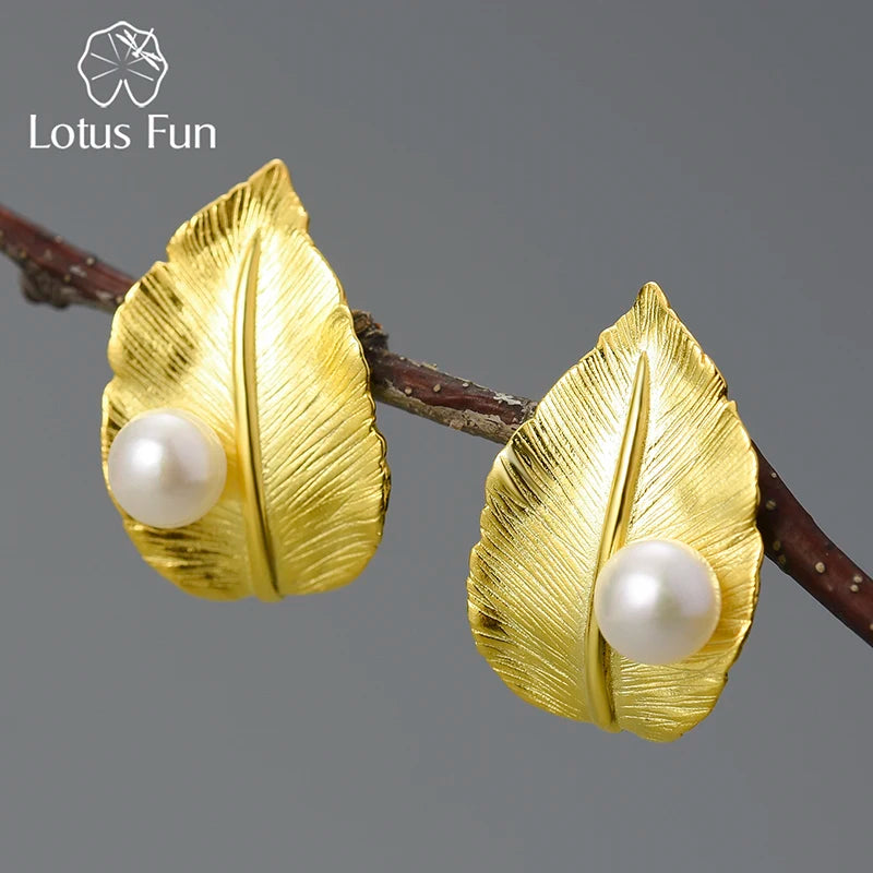 Lotus Fun Handmade Vintage Fresh Water Pearl 18K Gold Plated  925 Sterling Silver Leaf Shape Earrings for Women Luxury Jewelry
