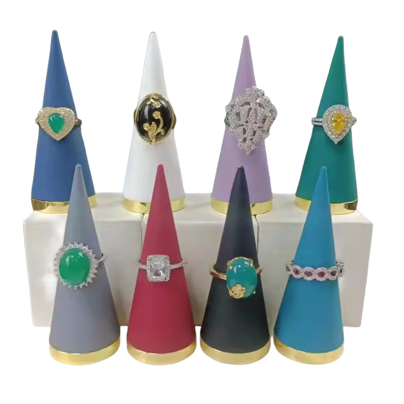 New Design Cheap Luxury 8 Colors Options Fashion Metal Jewelry Ring Cone Finger Display Stand