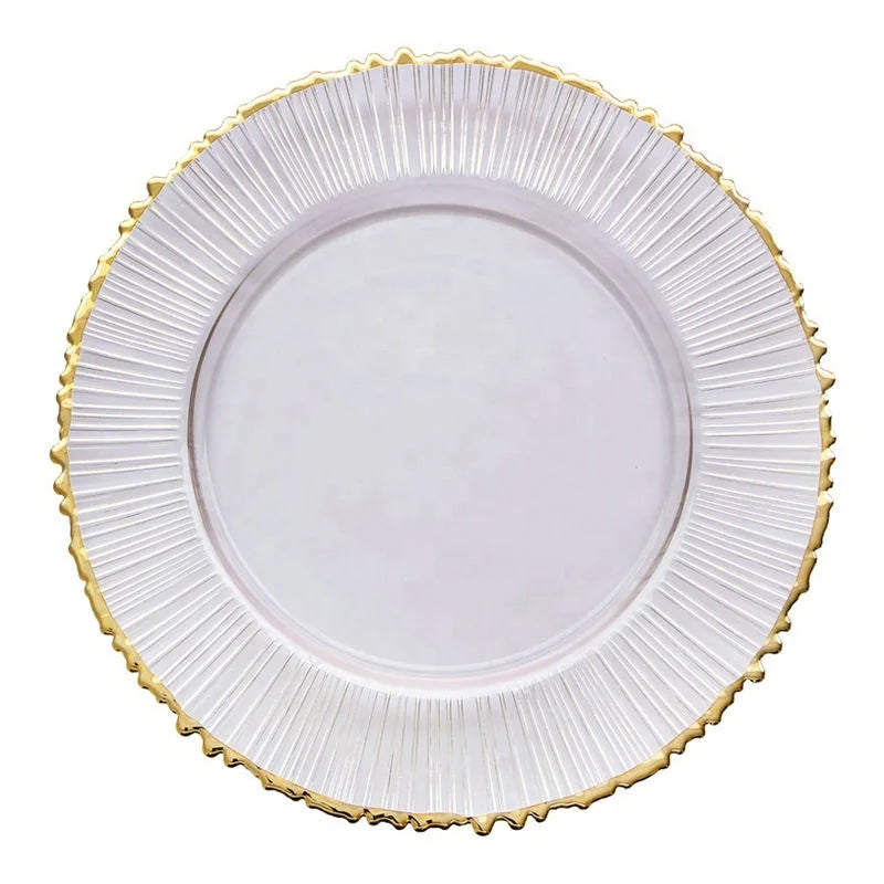 13-Inch Clear Transparent Glass Charger Plates with Golden Edges New Style Wedding Event Tableware for Restaurants