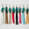 Ethnic Long Multicolor Leather Tassel Dangle Earrings Western Style Blue Feather Earrings Wholesale
