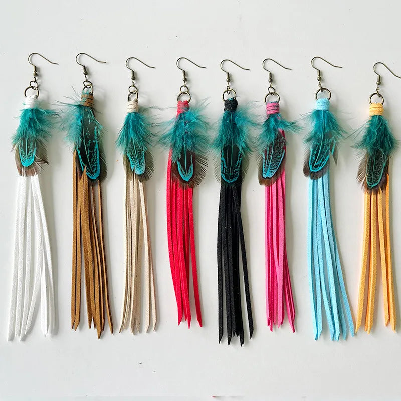 Ethnic Long Multicolor Leather Tassel Dangle Earrings Western Style Blue Feather Earrings Wholesale