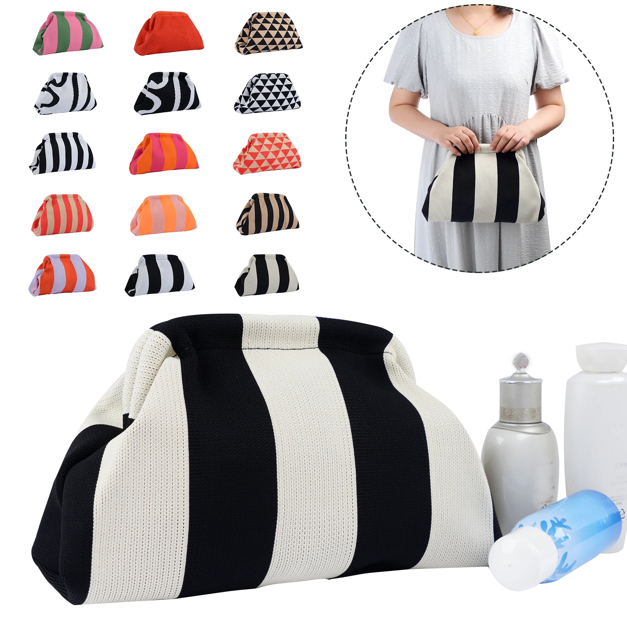 Summer Woven Crochet Zipper Closure Women Beach Clutch Handbags Dumpling Ruched Cloud Purse Casual Colorblock Cosmetic Bag