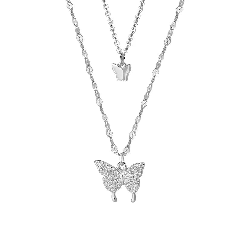 18K Gold Plated 925 Sterling Silver Micro Pave CZ Butterfly Necklace S925 Double Layer Zircon Butterfly Charms Necklace