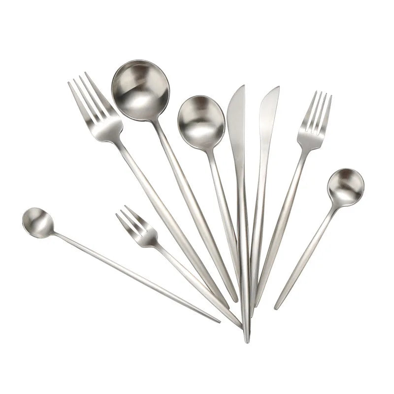 Hot Selling Portuguese Stylish Wedding Tableware Knife Fork Spoon Stainless Steel Gold Matte Flatware Set for Back to School