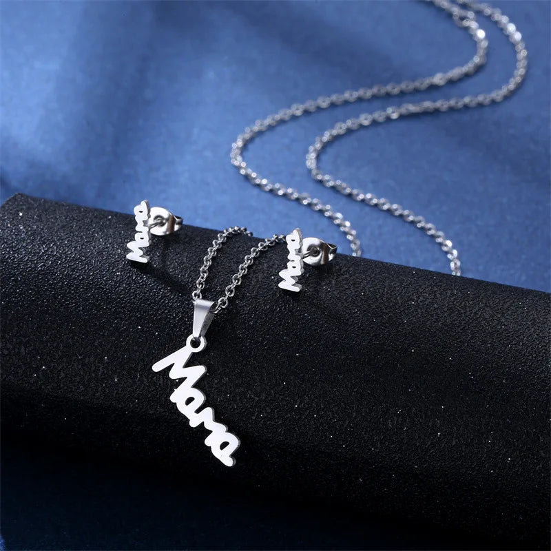 Cheap New Fashionable Stainless Steel MAMA Collarbone Chain Necklace for Women Mother Necklace Earring Set Wholesale