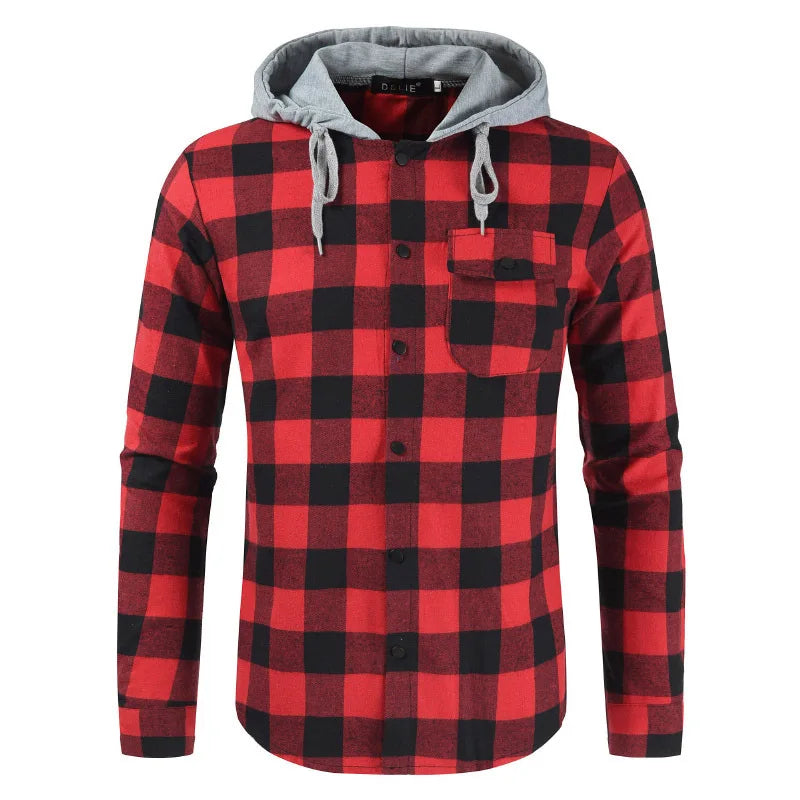 RNSHANGER Autumn Mens Single Breasted Harajuku Shirts Casual Long-sleeved Hooded Male Plaid Shirt With Pockets