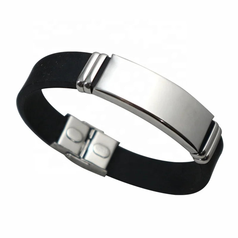 MECYLIFE Cheap Rubber Bracelet Silicone Bracelet Stainless Steel Custom Logo Bar Plate Men's Cuff Bracelet
