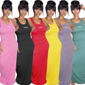 RNSHANGER Summer Floor-Length Dress for Women Casual Round Neck Solid Color Dress Streetwear Plain Dyed Sleeveless Ladies Dress
