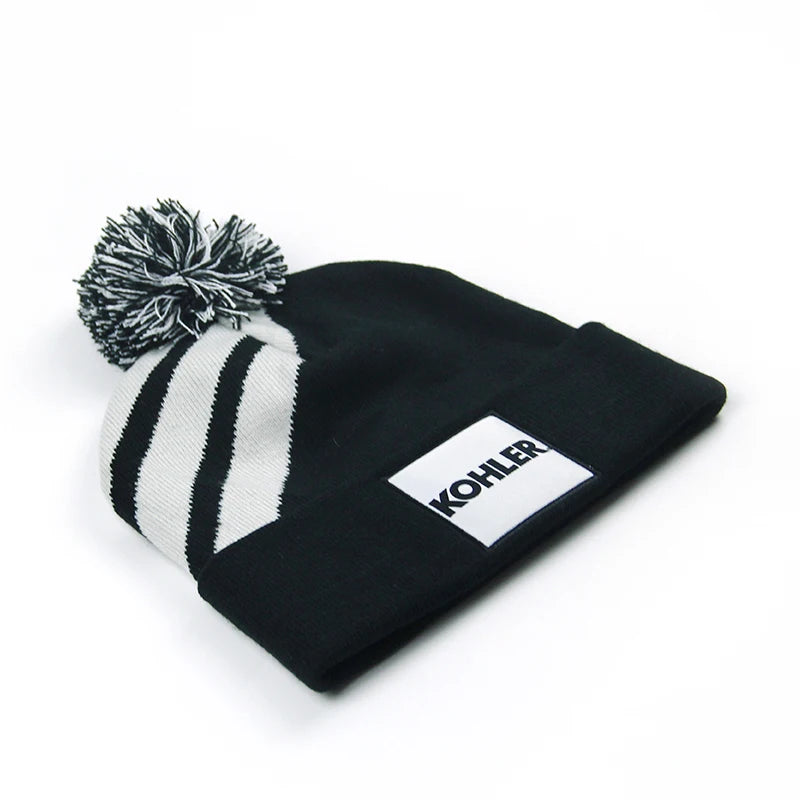 Custom Logo Winter Acrylic Black and White Stripes Unisex Jacquard Warm Beanie Hat Without Pompom
