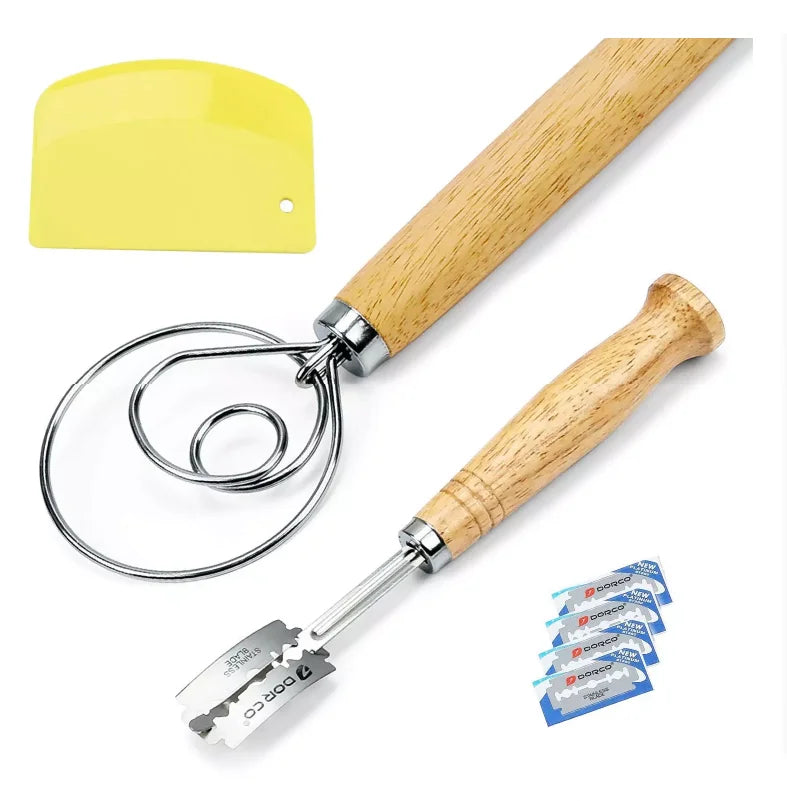 3 Pack Bread Baking Tool Set Wood Steel Rattan & Linen Dough Whisk & Pastry Cutters for Home Kitchen Use