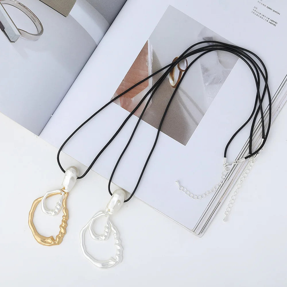 New Fashion Ins  Irregular Alloy Drop Pendant Long Black Wax Cord Sweater Necklace With Pearl for Women