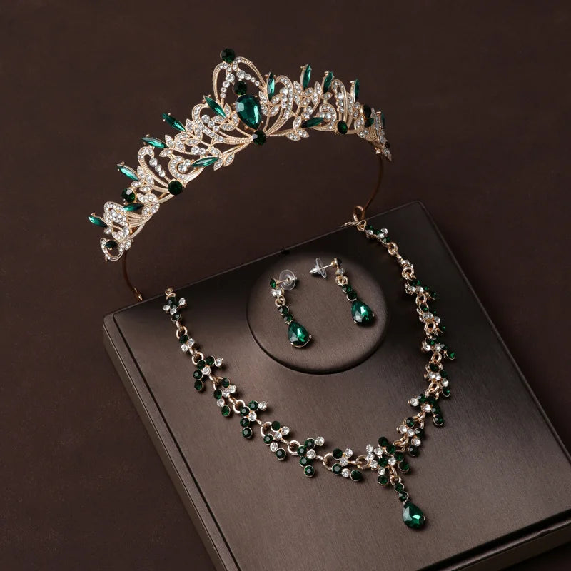 Bride Crown Headwear Green Diamond Magnificent Wedding Accessories Three Piece Set Birthday Gift Crown