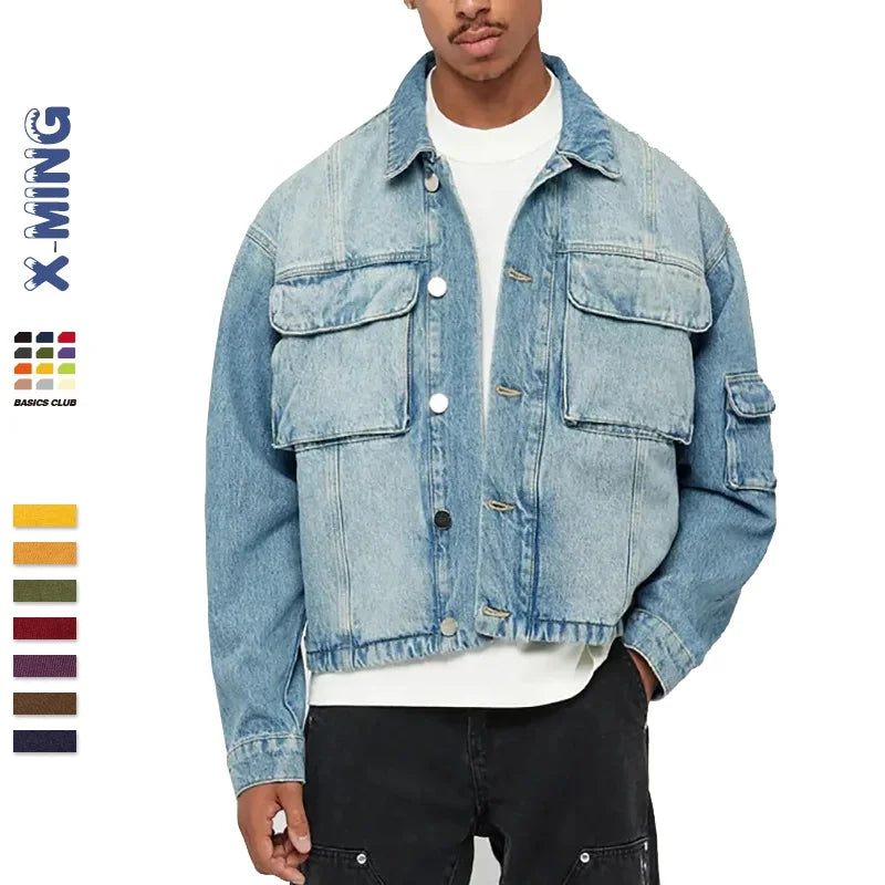 Customize Men's Denim Jackets Casual Classic Denim Coat Male Blue Washed Jean Men's Jacket Track Cargo Boxy Crop Jean Jacket